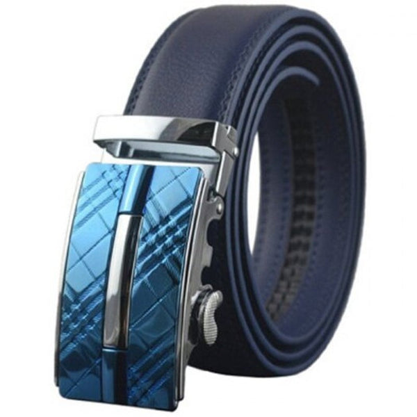 Men's Business Genuine Leather Belt Automatic Alloy Buckle Retro Plaid Waistband Gold Belts