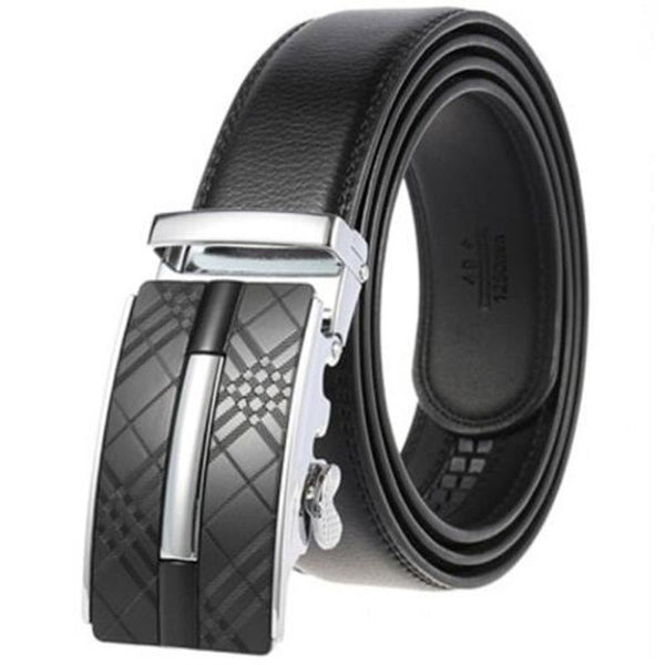 Men's Business Genuine Leather Belt Automatic Alloy Buckle Retro Plaid Waistband Gold Belts