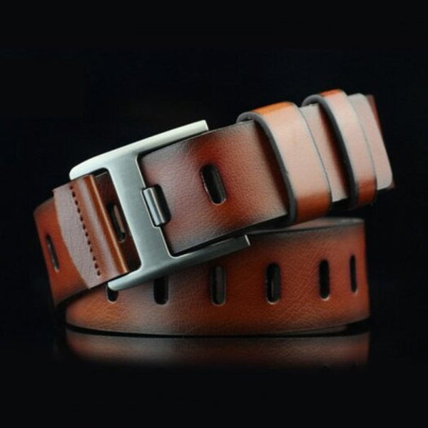 Men's Casual Belt Pin Buckle Young Retro Big Hole Waistband Deep Coffee Belts