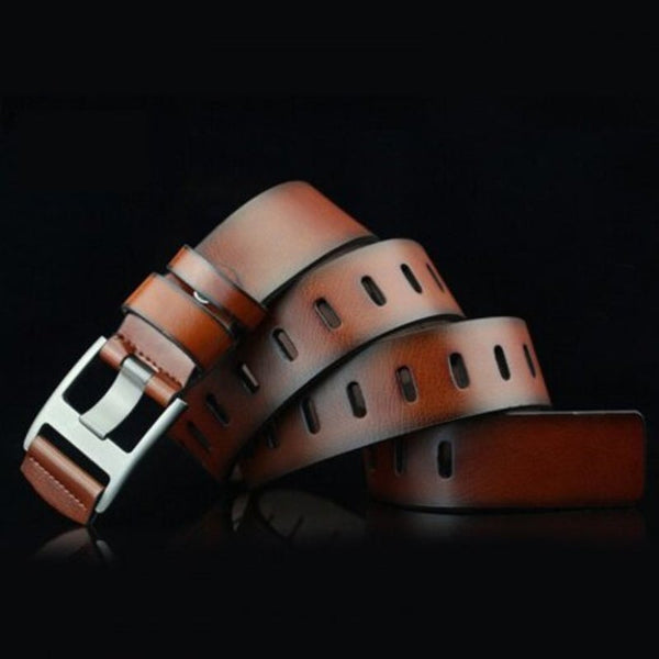 Men's Casual Belt Pin Buckle Young Retro Big Hole Waistband Deep Coffee Belts