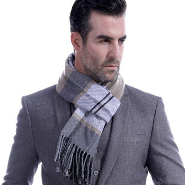 Men's Casual Plaid Printed Scarf Korean Creative Decor Tassels Warm Neckchief Khaki Scarves