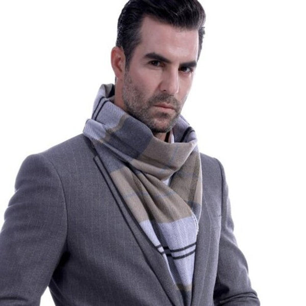 Men's Casual Plaid Printed Scarf Korean Creative Decor Tassels Warm Neckchief Khaki Scarves