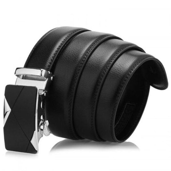 Men's Double Sided Genuine Leather Belt Automatic Buckle Business Alloy Waistband Black Belts