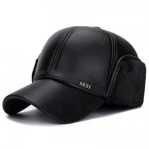 Men's Fall Winter Pu Ear Protective Warm Hat Elderly Outdoor Leisure Baseball Cap Black