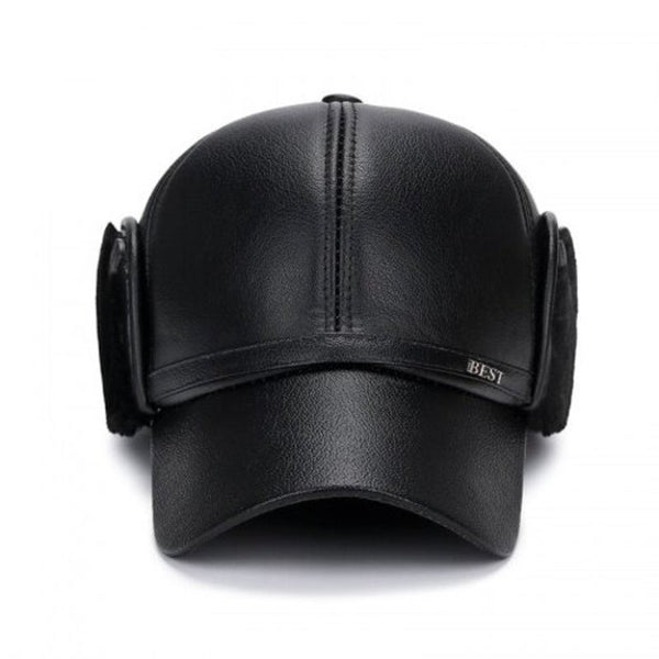 Men's Fall Winter Pu Ear Protective Warm Hat Elderly Outdoor Leisure Baseball Cap Black
