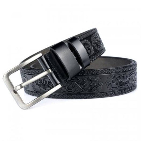 Men's High Grade Carving Pattern Genuine Leather Belt Pin Buckle Waistband Black