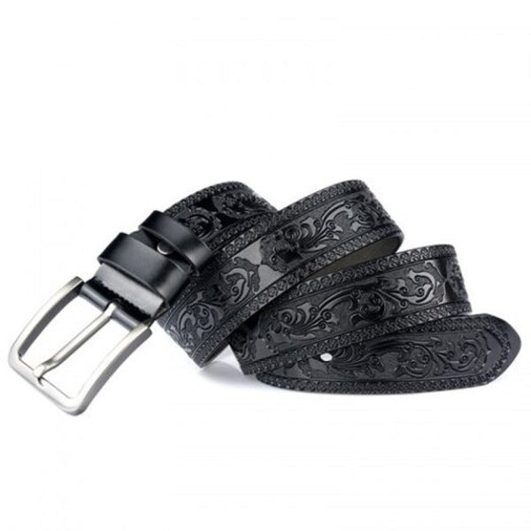 Men's High Grade Carving Pattern Genuine Leather Belt Pin Buckle Waistband Black