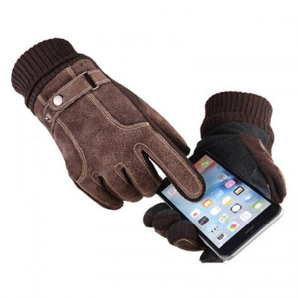 Men's Leather Riding Touch Screen Warm Windproof Winter Brown Gloves