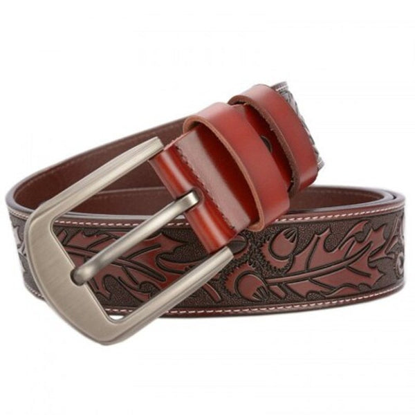 Men's Leaves Carved High End Genuine Leather Belt Fashion Personality Jeans Waistband Brown 115Cm Belts