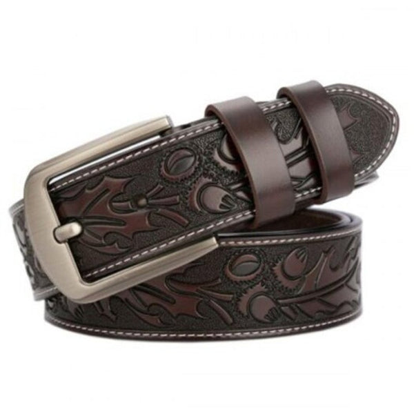 Men's Leaves Carved High End Genuine Leather Belt Fashion Personality Jeans Waistband Brown 115Cm Belts