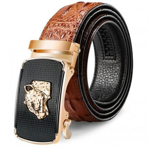 Men's Leopard Head Design Leather Belt Crocodile Pattern Automatic Buckle Waistband Brown 115Cm
