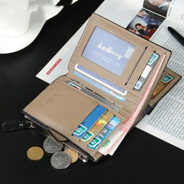 Men's Pu Leather Casual Wallet Vertical Section Zipper Card Holder Purse Coffee Wallets