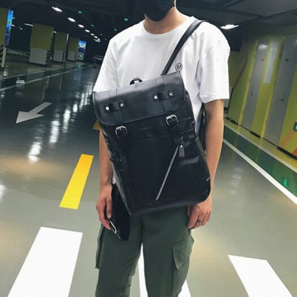 Men's Solid Color Retro Backpack Minimalist Shoulder Young Student Travel Bag Black