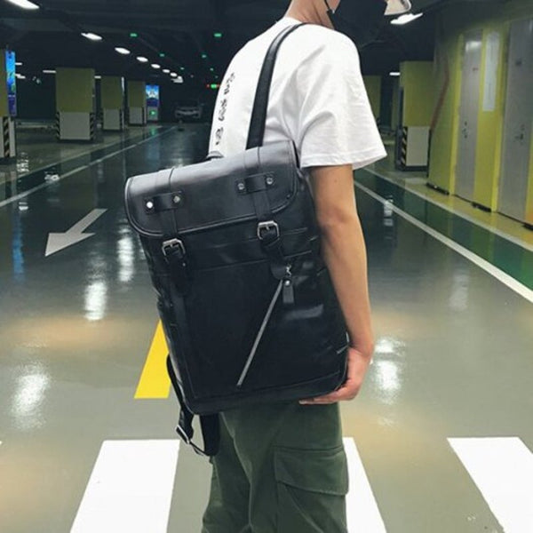 Men's Solid Color Retro Backpack Minimalist Shoulder Young Student Travel Bag Black