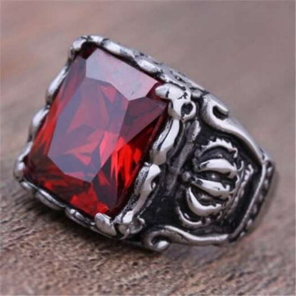 Men's Titanium Steel Inlaid Zircon Crown Ring Red 10