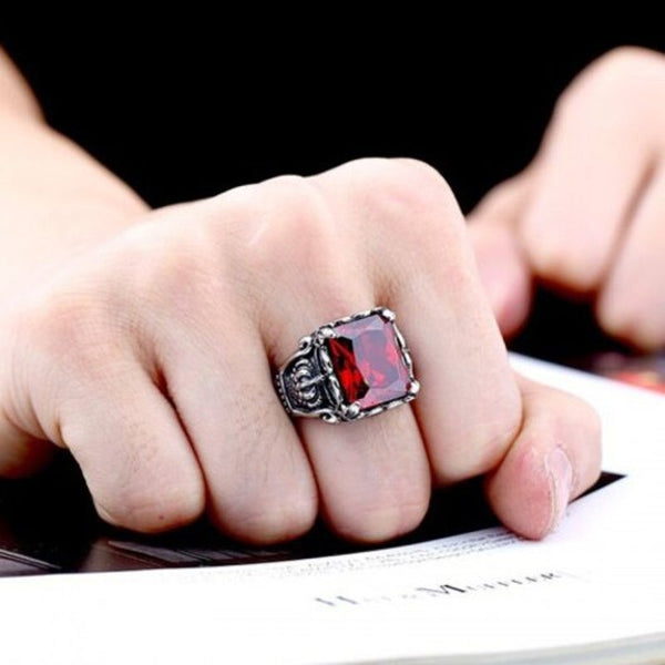 Veile Studios Men's Titanium Steel Inlaid Zircon Crown Ring Red 10 Rings