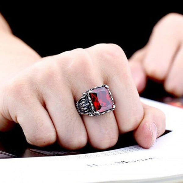 Men's Titanium Steel Inlaid Zircon Crown Ring Red 10