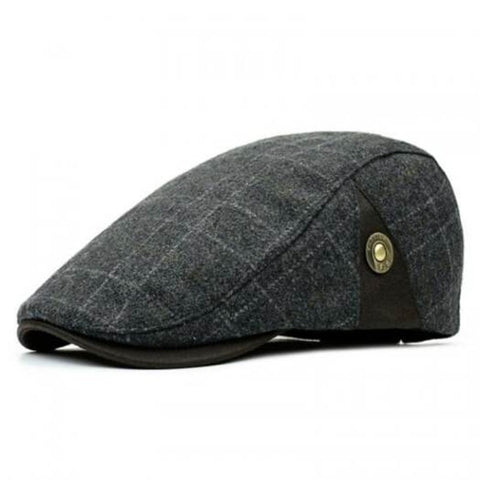 Men's Woolen Vintage Flat Caps Beret Plaid Pattern Hat Leisure Headgear Gray