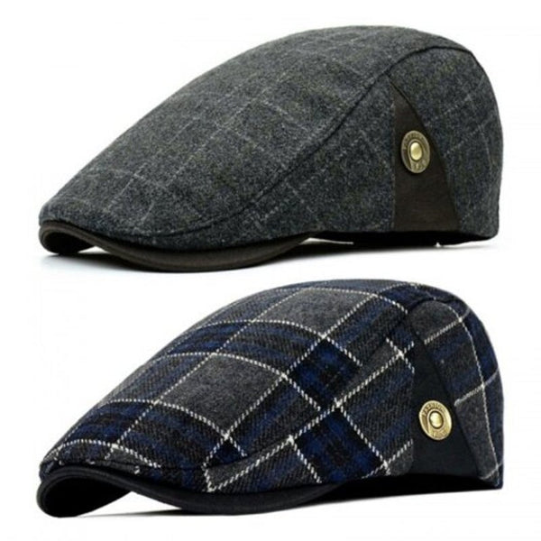 Men's Woolen Vintage Flat Caps Beret Plaid Pattern Hat Leisure Headgear Gray