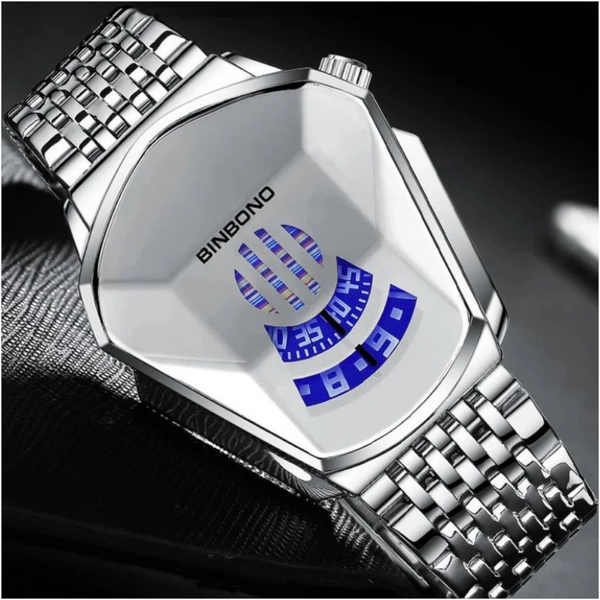 Men Diamond Dial Quartz Watch Locomotive Concept White Steel Surface Watches