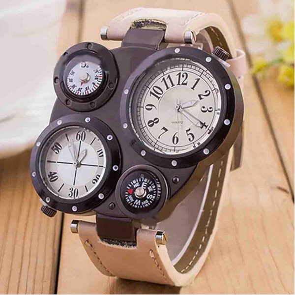 Veile Studios Men Fashion Creative Compass Chronograph Leather Quartz Sport Watch Rosy Finch Watches