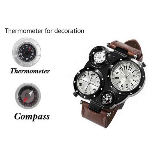 Veile Studios Men Fashion Creative Compass Chronograph Leather Quartz Sport Watch Rosy Finch Watches