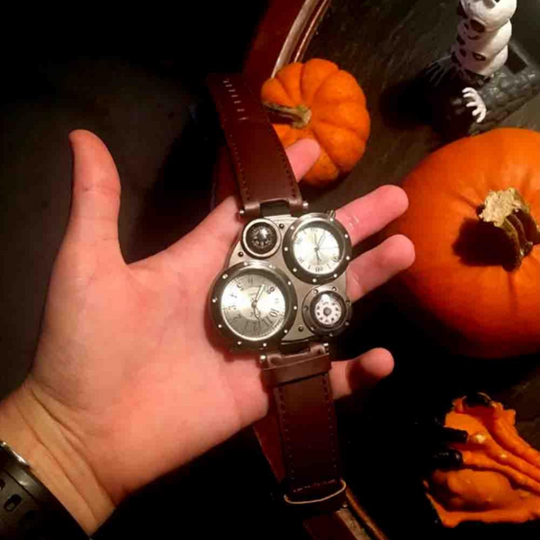 Veile Studios Men Fashion Creative Compass Chronograph Leather Quartz Sport Watch Rosy Finch Watches