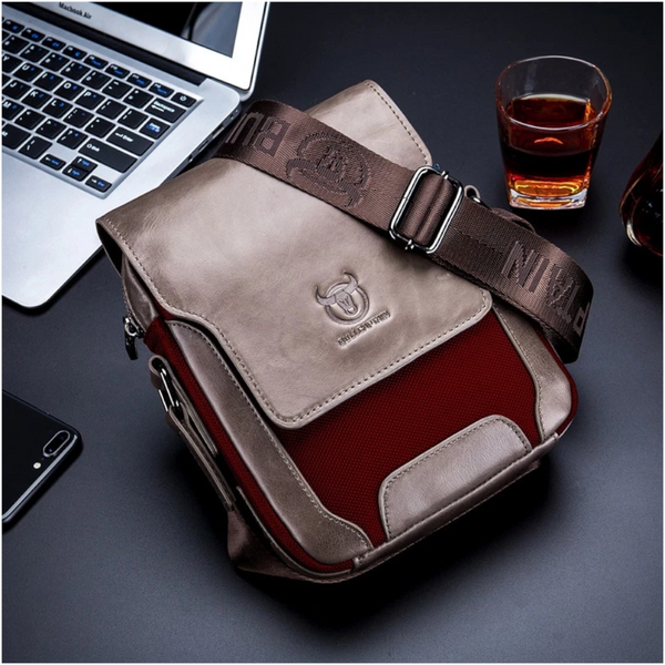 Men Leather Diagonal Shoulder Bag Multi Function Red Bags
