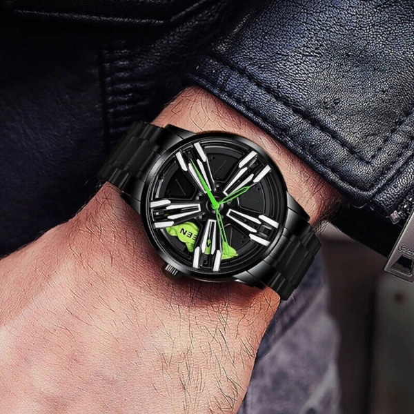 Men Metal Motorcycle Watch With Rotating Hub Black Steel Green Surface Watches