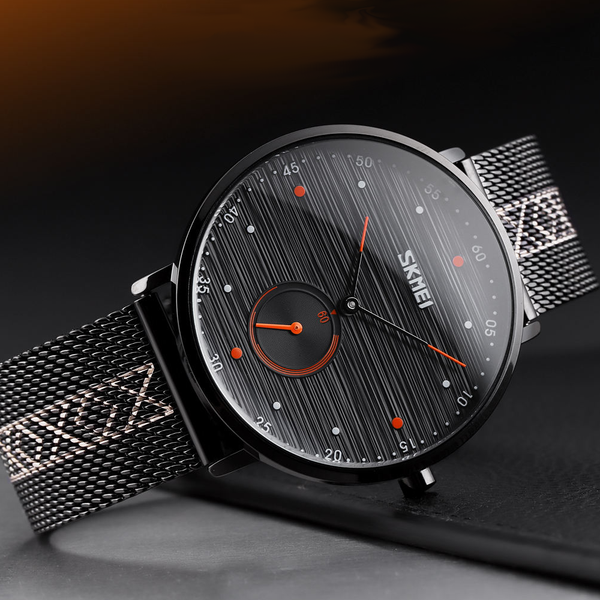 Men Striped Arabic Numeral Mesh Quartz Watch Horizontal Design Orange Watches
