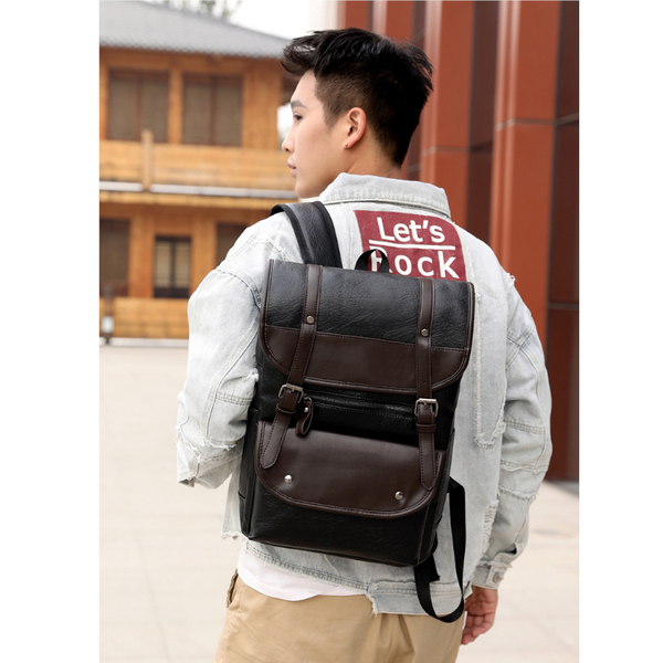 Men's Korean Retro Backpack Pu Leather Laptop Travel Bag Bags