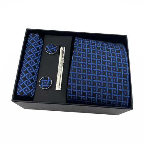 Men's Luxury Necktie Gift Set 4 Piece With Tie Pocket Square Cufflinks & Clip (Dark Blue Plaid) Ties