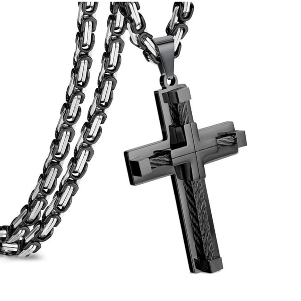 Men's Stainless Steel Layered Cross Pendant With Byzantine Chain Fashion Statement Necklace(Black) Necklaces & Pendants