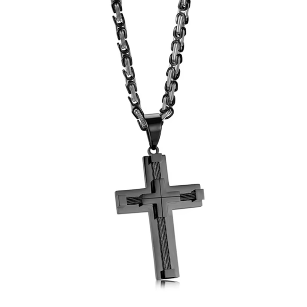 Men's Stainless Steel Layered Cross Pendant With Byzantine Chain Fashion Statement Necklace(Black) Necklaces & Pendants