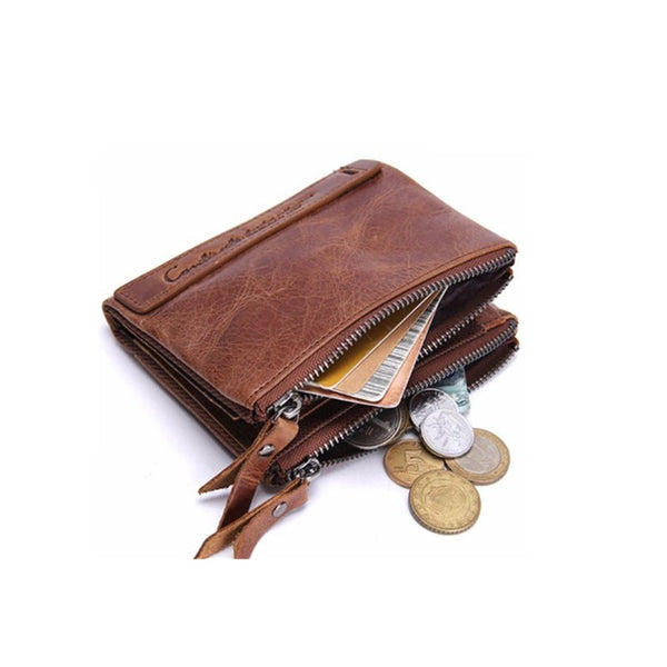 Mens Faux Leather Wallet Double Zipper Pocket Purse Brown Wallets