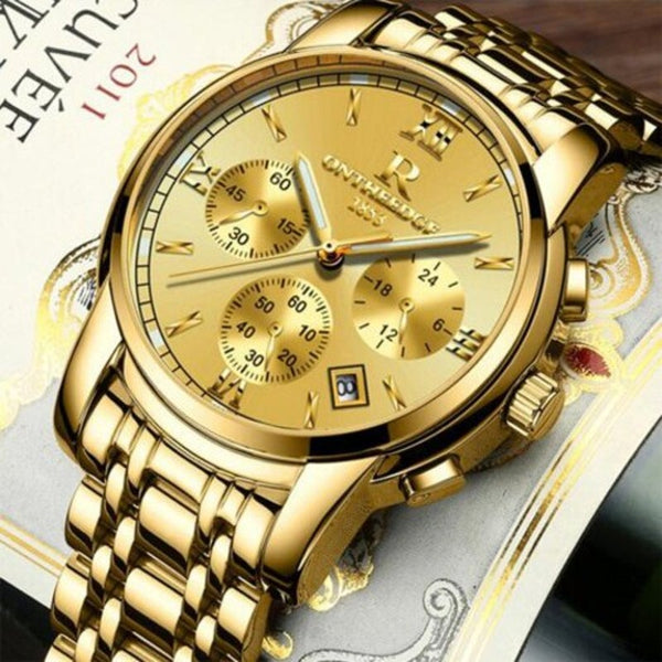 Veile Studios Mens Luxury Gold Wrist Male Brand Quartz Man Clocks Waterproof Stainless Steel Fashion Business Luminous Golden Watches