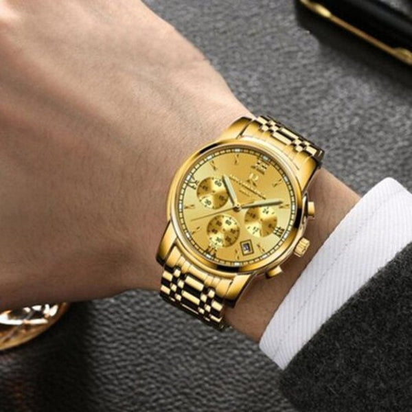 Veile Studios Mens Luxury Gold Wrist Male Brand Quartz Man Clocks Waterproof Stainless Steel Fashion Business Luminous Golden Watches