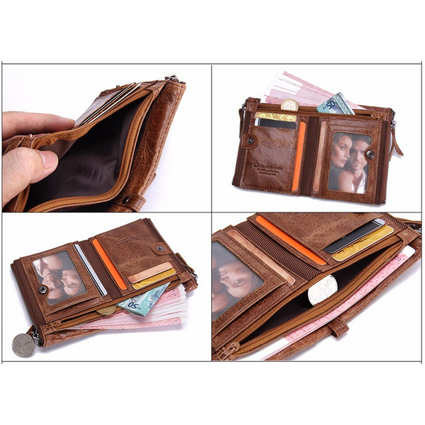 Mens Faux Leather Wallet Double Zipper Pocket Purse Brown