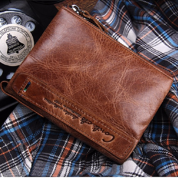 Mens Faux Leather Wallet Double Zipper Pocket Purse Brown