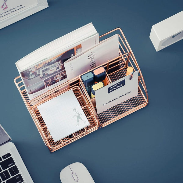 Mesh Office Supplies Accessories With Drawer For Desktop Rose Gold Pen Cup Stationery Organizer Sorter Tool Pen Holders