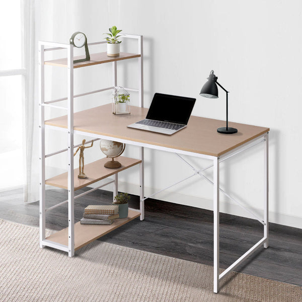 Artiss Metal Desk With Shelves White Oak Top Home Office Desks