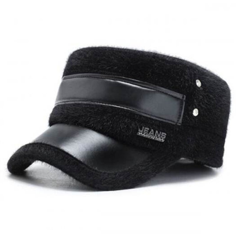 Middle Aged Winter Thick Warm Men Earmuff Hat Casual Mink Like Peaked Cap Black Hats