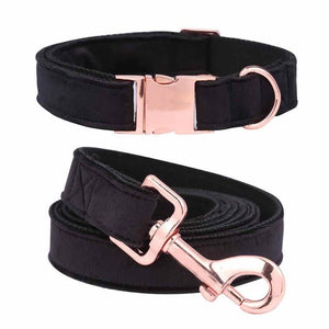 Midnight Black Velvet Dog Collar And Leash Set