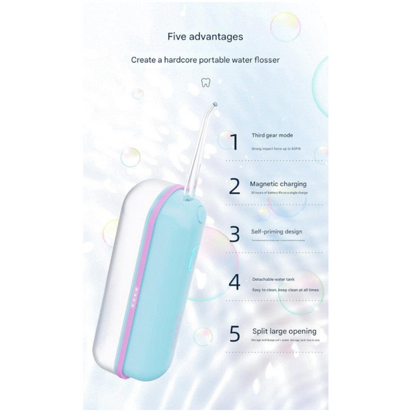 Mini Oral Irrigator Ipx68 Waterproof Uv Sterilization 3 Modes Magnetic Charging(Blue) Dental Floss & Flossers
