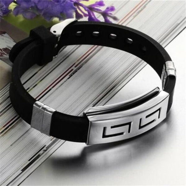 Veile Studios Models Fashion Wristband Black Punk Rubber Silicone Stainless Steel Men Bangles Bracelets