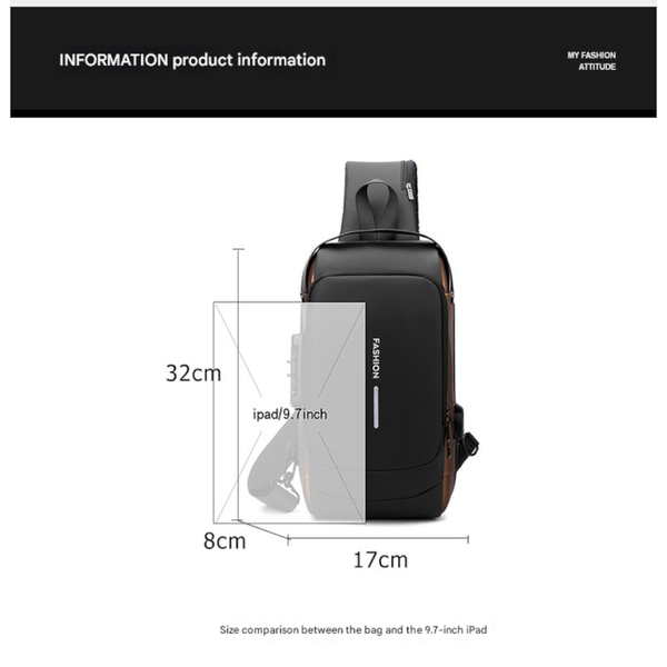 Black Gold Modern Anti Theft Sling Bag For Men Crossbody Backpack With Usb Port & Combination Lock Bags