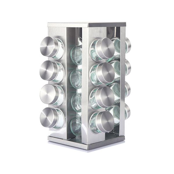 Modern Stainless Steel Rounded Corner Rotating Spice Rack With 16 Empty Glass Jars (88 Ml Each) Spice Jars & Racks