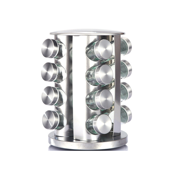 Modern Stainless Steel Rounded Corner Rotating Spice Rack With 16 Empty Glass Jars (88 Ml Each) Spice Jars & Racks