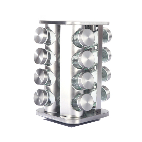 Modern Stainless Steel Rounded Corner Rotating Spice Rack With 16 Empty Glass Jars (88 Ml Each) Spice Jars & Racks