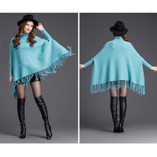 Women's Turtleneck Fringed Cape Monochromatic Shawl Bat Sleeve Jacket Sky Blue Coats Jackets & Vests